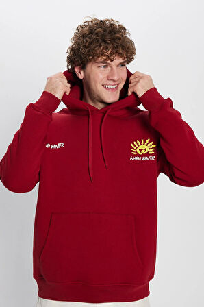 Unisex Oversize Geniş Kesim Pamuklu Yumuşak Dokulu İçi Polarlı Baskılı Bordo Kapüşonlu Sweatshirt