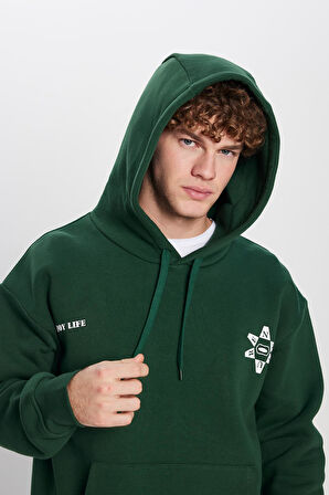 Unisex Oversize Geniş Kesim Pamuklu Yumuşak Dokulu İçi Polarlı Baskılı Yeşil Kapüşonlu Sweatshirt