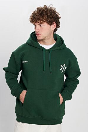 Unisex Oversize Geniş Kesim Pamuklu Yumuşak Dokulu İçi Polarlı Baskılı Yeşil Kapüşonlu Sweatshirt
