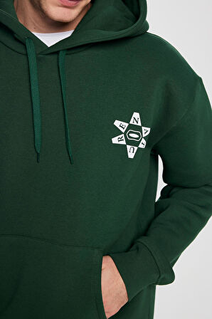 Unisex Oversize Geniş Kesim Pamuklu Yumuşak Dokulu İçi Polarlı Baskılı Yeşil Kapüşonlu Sweatshirt