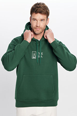 Unisex Oversize Geniş Kesim Pamuklu Yumuşak Dokulu İçi Polarlı Baskılı Yeşil Kapüşonlu Sweatshirt