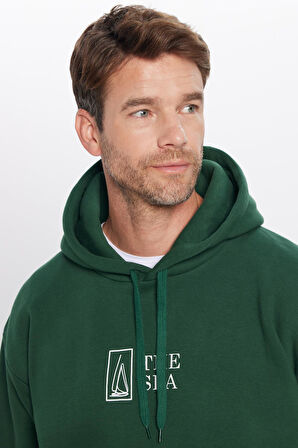 Unisex Oversize Geniş Kesim Pamuklu Yumuşak Dokulu İçi Polarlı Baskılı Yeşil Kapüşonlu Sweatshirt