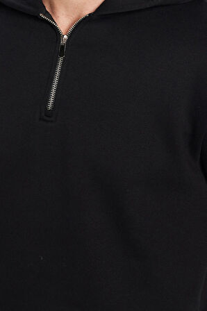 Unisex Relax Fit Rahat Kesim Pamuklu İçi Polarlı Yarım Fermuarlı Siyah Kapüşonlu Sweatshirt