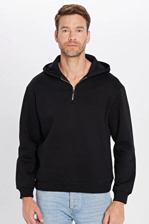 Unisex Relax Fit Rahat Kesim Pamuklu İçi Polarlı Yarım Fermuarlı Siyah Kapüşonlu Sweatshirt