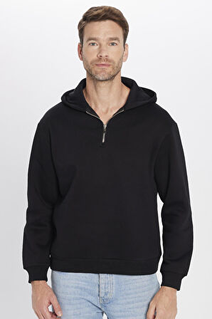 Unisex Relax Fit Rahat Kesim Pamuklu İçi Polarlı Yarım Fermuarlı Siyah Kapüşonlu Sweatshirt