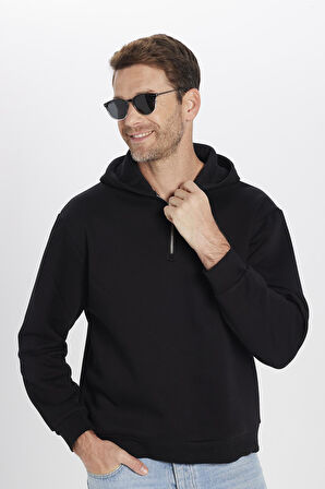Unisex Relax Fit Rahat Kesim Pamuklu İçi Polarlı Yarım Fermuarlı Siyah Kapüşonlu Sweatshirt