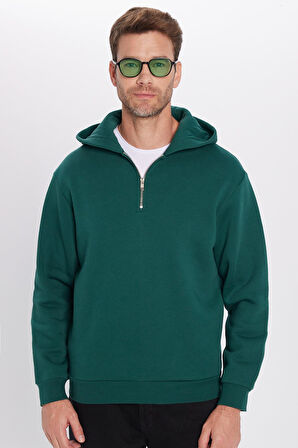 Unisex Relax Fit Rahat Kesim Pamuklu İçi Polarlı Yarım Fermuarlı Haki Kapüşonlu Sweatshirt
