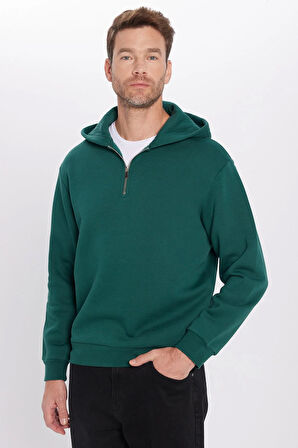 Unisex Relax Fit Rahat Kesim Pamuklu İçi Polarlı Yarım Fermuarlı Haki Kapüşonlu Sweatshirt