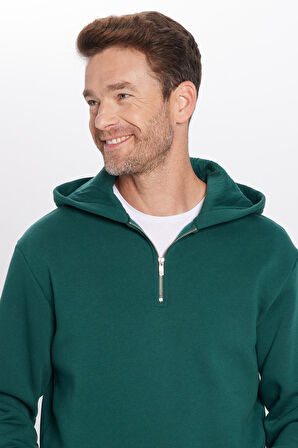 Unisex Relax Fit Rahat Kesim Pamuklu İçi Polarlı Yarım Fermuarlı Haki Kapüşonlu Sweatshirt