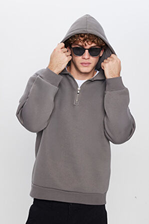 Unisex Relax Fit Rahat Kesim Pamuklu İçi Polarlı Yarım Fermuarlı Gri Kapüşonlu Sweatshirt