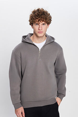 Unisex Relax Fit Rahat Kesim Pamuklu İçi Polarlı Yarım Fermuarlı Gri Kapüşonlu Sweatshirt