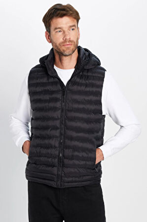 Erkek Slim Fit Dar Kesim Astarlı Rüzgar Geçirmez Cepli Siyah Çıkarılabilir Kapüşonlu Şişme Yelek