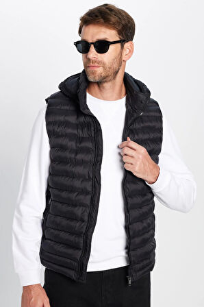 Erkek Slim Fit Dar Kesim Astarlı Rüzgar Geçirmez Cepli Siyah Çıkarılabilir Kapüşonlu Şişme Yelek