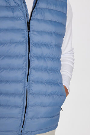 Erkek Slim Fit Dar Kesim Astarlı Rüzgar Geçirmez Cepli Mavi Çıkarılabilir Kapüşonlu Şişme Yelek