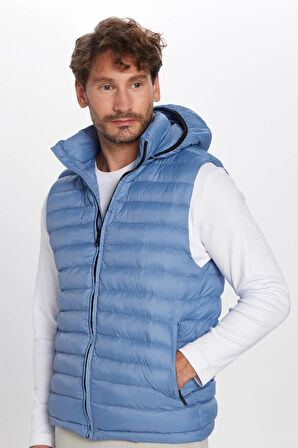 Erkek Slim Fit Dar Kesim Astarlı Rüzgar Geçirmez Cepli Mavi Çıkarılabilir Kapüşonlu Şişme Yelek