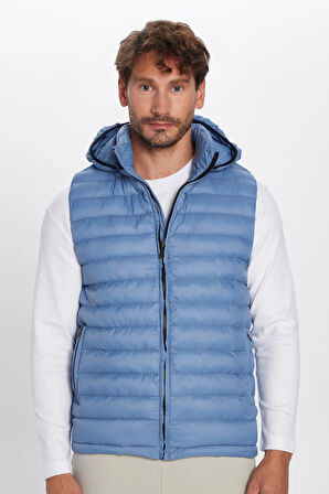 Erkek Slim Fit Dar Kesim Astarlı Rüzgar Geçirmez Cepli Mavi Çıkarılabilir Kapüşonlu Şişme Yelek