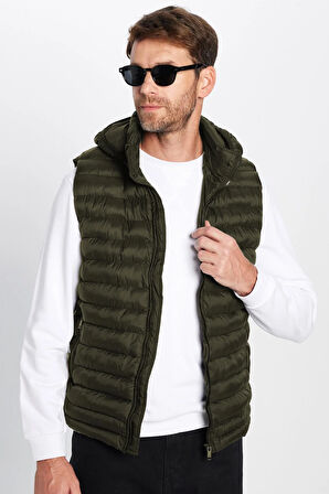 Erkek Slim Fit Dar Kesim Astarlı Rüzgar Geçirmez Cepli Haki Çıkarılabilir Kapüşonlu Şişme Yelek