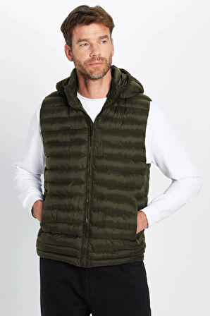 Erkek Slim Fit Dar Kesim Astarlı Rüzgar Geçirmez Cepli Haki Çıkarılabilir Kapüşonlu Şişme Yelek