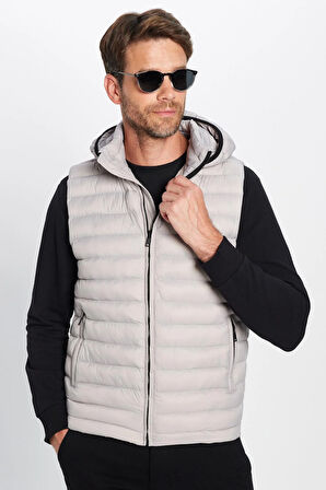 Erkek Slim Fit Dar Kesim Astarlı Rüzgar Geçirmez Cepli Taş Renk Çıkarılabilir Kapüşonlu Şişme Yelek