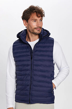 Erkek Slim Fit Dar Kesim Astarlı Rüzgar Geçirmez Cepli Lacivert Çıkarılabilir Kapüşonlu Şişme Yelek