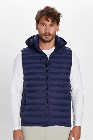 Erkek Slim Fit Dar Kesim Astarlı Rüzgar Geçirmez Cepli Lacivert Çıkarılabilir Kapüşonlu Şişme Yelek