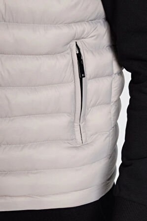 Erkek Slim Fit Dar Kesim Astarlı Rüzgar Geçirmez Cepli Taş Renk Çıkarılabilir Kapüşonlu Şişme Yelek