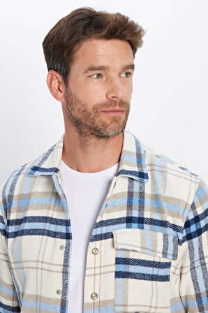 Slim Fit Kapaklı Tek Cep Çıtçıtlı Düğme Kareli Oduncu Erkek Gömlek