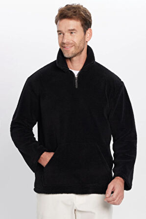 Unisex Relax Fit Rahat Kesim Yarım Fermuarlı Kanguru Cepli Siyah Dik Yaka Peluş Sweatshirt