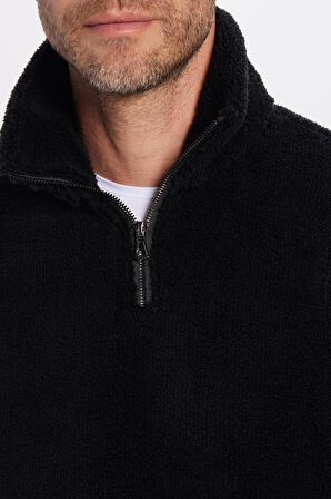 Unisex Relax Fit Rahat Kesim Yarım Fermuarlı Kanguru Cepli Siyah Dik Yaka Peluş Sweatshirt