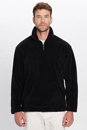 Unisex Relax Fit Rahat Kesim Yarım Fermuarlı Kanguru Cepli Siyah Dik Yaka Peluş Sweatshirt