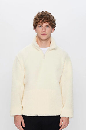 Unisex Relax Fit Rahat Kesim Yarım Fermuarlı Kanguru Cepli Ekru Dik Yaka Peluş Sweatshirt