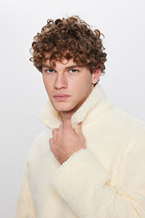 Unisex Relax Fit Rahat Kesim Yarım Fermuarlı Kanguru Cepli Ekru Dik Yaka Peluş Sweatshirt