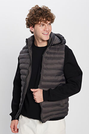 Erkek Slim Fit Dar Kesim Astarlı Rüzgar Geçirmez Cepli Antrasit Çıkarılabilir Kapüşonlu Şişme Yelek