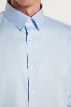 Erkek Slim Fit  Premium Likralı Pamuk Saten Açık Mavi Gömlek