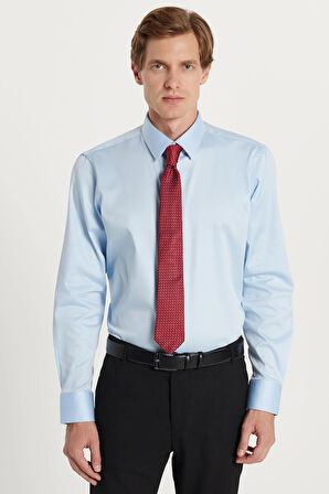 Erkek Slim Fit  Premium Likralı Pamuk Saten Açık Mavi Gömlek