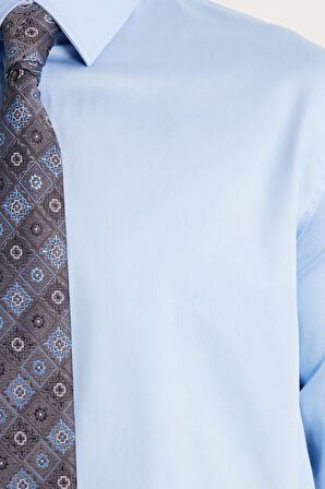 Erkek Slim Fit  Premium Likralı Pamuk Saten Mavi Gömlek