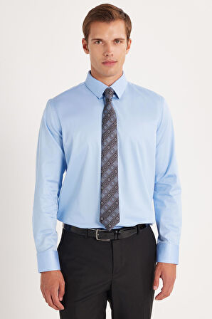 Erkek Slim Fit  Premium Likralı Pamuk Saten Mavi Gömlek