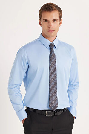 Erkek Slim Fit  Premium Likralı Pamuk Saten Mavi Gömlek