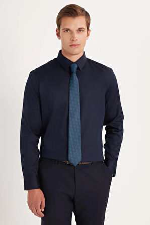 Erkek Slim Fit  Premium Likralı Pamuk Saten Lacivert Gömlek