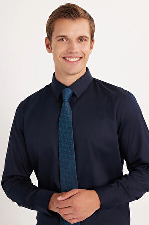 Erkek Slim Fit  Premium Likralı Pamuk Saten Lacivert Gömlek