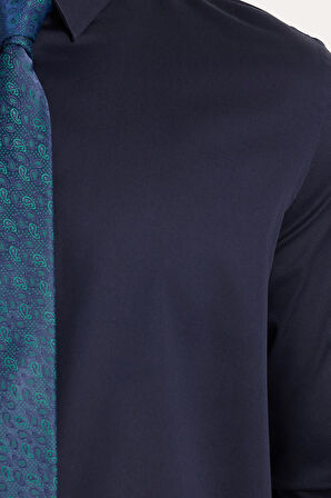 Erkek Slim Fit  Premium Likralı Pamuk Saten Lacivert Gömlek