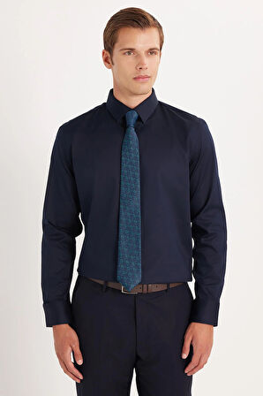 Erkek Slim Fit  Premium Likralı Pamuk Saten Lacivert Gömlek