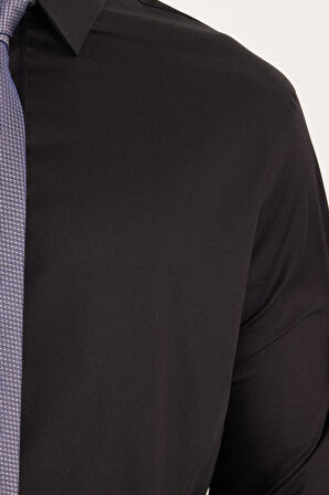 Erkek Klasik Fit Rahat Kesim Premium Likralı Pamuk Saten Siyah Gömlek