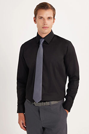 Erkek Klasik Fit Rahat Kesim Premium Likralı Pamuk Saten Siyah Gömlek