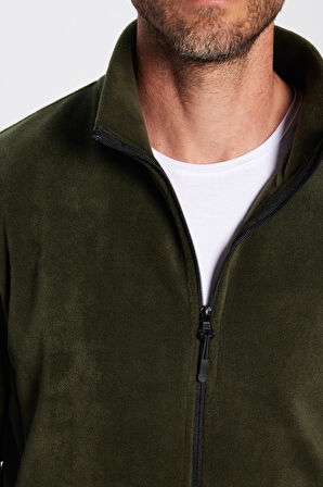 Unisex Haki Anti-pilling Tüylenme Yapmayan Standart Fit Tam Fermuarlı Soğuk Geçirmez Polar Hırka