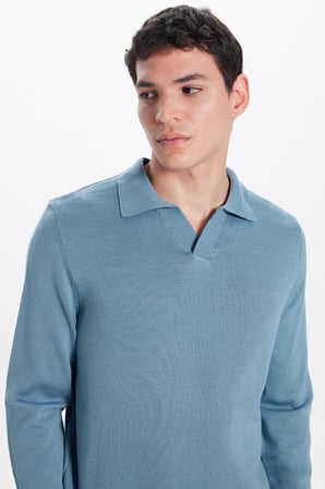Erkek Standart Fit Normal Kesim Polo V Yaka İndigo Triko Kazak
