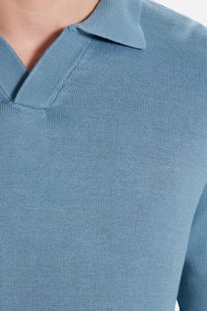 Erkek Standart Fit Normal Kesim Polo V Yaka İndigo Triko Kazak