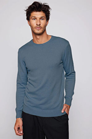 Erkek Standart Fit Normal Kesim Bisiklet Yaka İndigo Triko Kazak