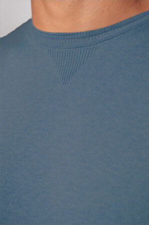 Erkek Standart Fit Normal Kesim Bisiklet Yaka İndigo Triko Kazak