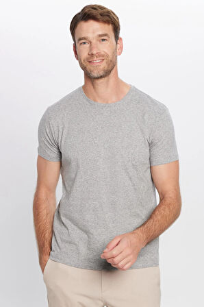 Erkek Slim Fit Dar Kesim Pamuklu Yumuşak Doku Likralı Esnek Kumaş Basic Gri Bisiklet Yaka Tişört